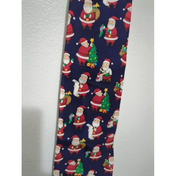 Vintage John Henry Christmas Tree Santa Tie Blue 100%‎ Silk Necktie Made In USA - Picture 2 of 6
